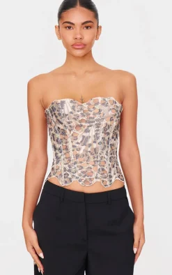 Brown Leopard Print Textured Sheer Floral Lace Corset