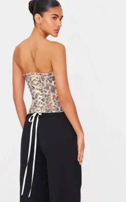 Brown Leopard Print Textured Sheer Floral Lace Corset