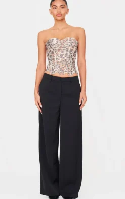 Brown Leopard Print Textured Sheer Floral Lace Corset