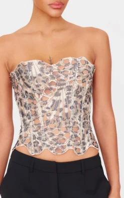Brown Leopard Print Textured Sheer Floral Lace Corset