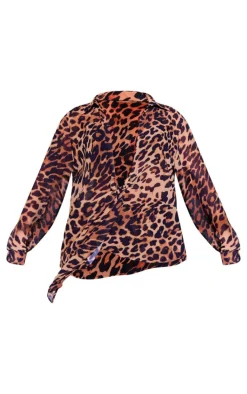 Brown Leopard Print Tie Front Oversized Beach Shirt