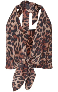 Brown Leopard Print Tie Halterneck Cami Top