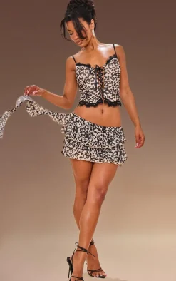 Brown Leopard Print Tie Up Lace Detail Corset