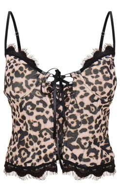 Brown Leopard Print Tie Up Lace Detail Corset