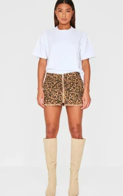 Brown Leopard Print Zip Front Denim Mini Skirt