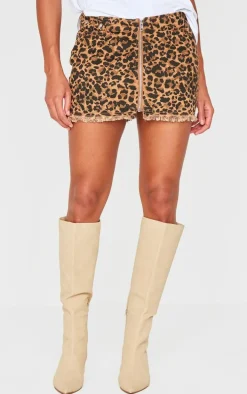 Brown Leopard Print Zip Front Denim Mini Skirt