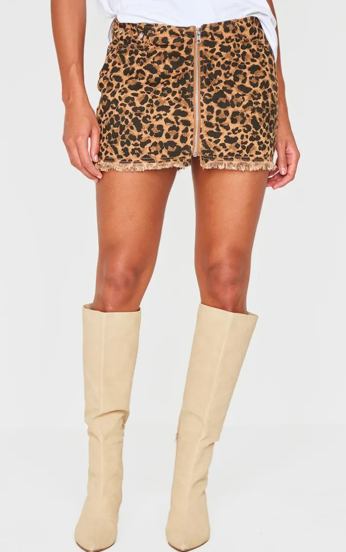 Brown Leopard Print Zip Front Denim Mini Skirt