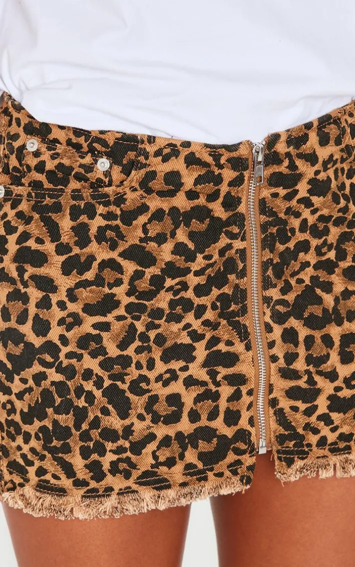 Brown Leopard Print Zip Front Denim Mini Skirt