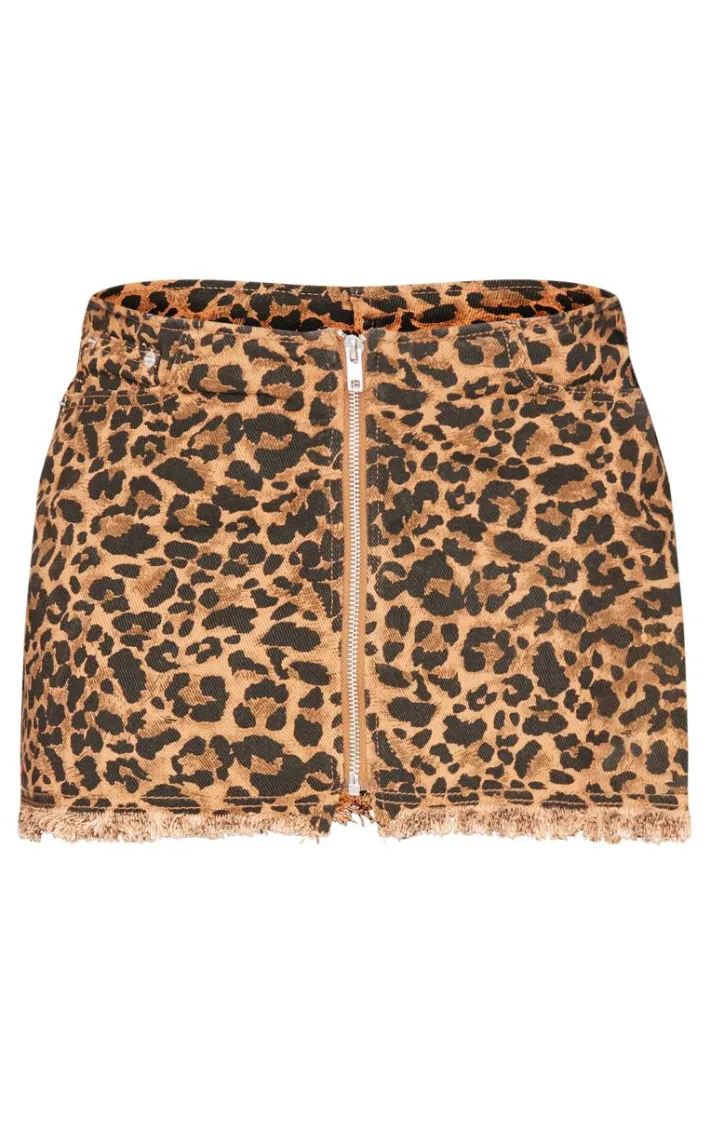 Brown Leopard Print Zip Front Denim Mini Skirt