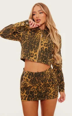 Brown Leopard Print Zip Up Long Sleeved Denim Shirt