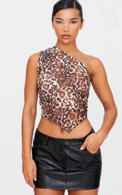 Brown Leopard Printed Lace Asymmetric Longline Top