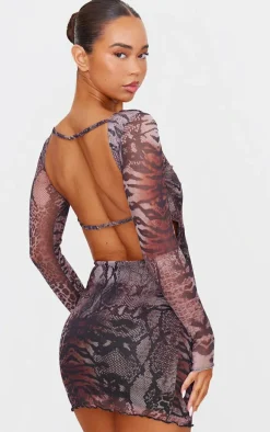 Brown Leopard Printed Long Sleeve Open Back Mini Dress