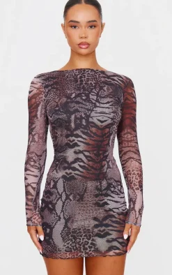 Brown Leopard Printed Long Sleeve Open Back Mini Dress