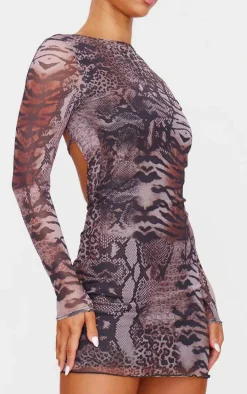 Brown Leopard Printed Long Sleeve Open Back Mini Dress
