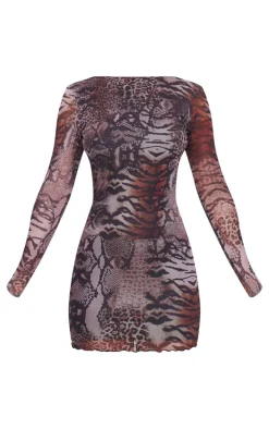 Brown Leopard Printed Long Sleeve Open Back Mini Dress