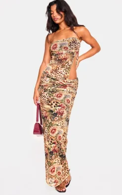 Brown Leopard Printed Mesh Ruched Maxi Skirt