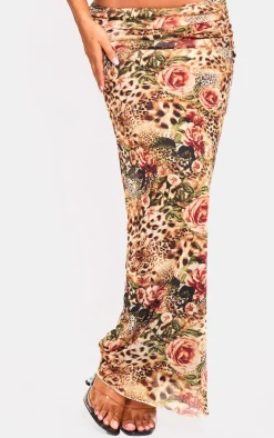 Brown Leopard Printed Mesh Ruched Maxi Skirt