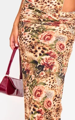 Brown Leopard Printed Mesh Ruched Maxi Skirt