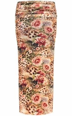 Brown Leopard Printed Mesh Ruched Maxi Skirt