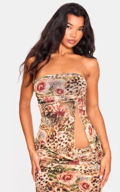 Brown Leopard Printed Mesh Side Open Bandeau