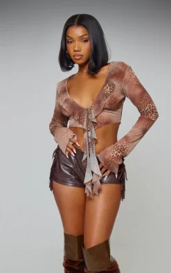 Brown Leopard Printed Ruffle Mesh Long Sleeve Drape Crop Top