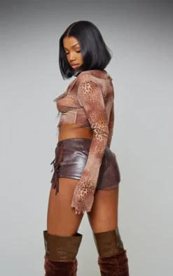 Brown Leopard Printed Ruffle Mesh Long Sleeve Drape Crop Top