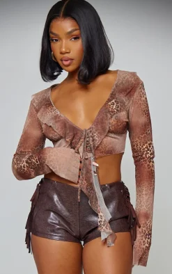 Brown Leopard Printed Ruffle Mesh Long Sleeve Drape Crop Top