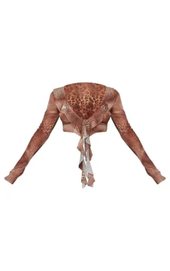 Brown Leopard Printed Ruffle Mesh Long Sleeve Drape Crop Top
