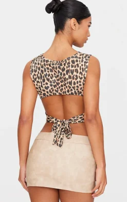 Brown Leopard Printed Slinky Open Back Tie Detail Long Top