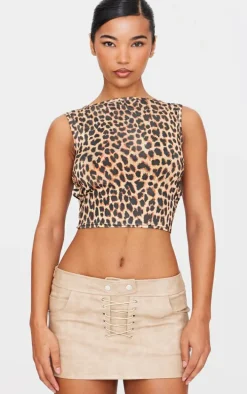 Brown Leopard Printed Slinky Open Back Tie Detail Long Top