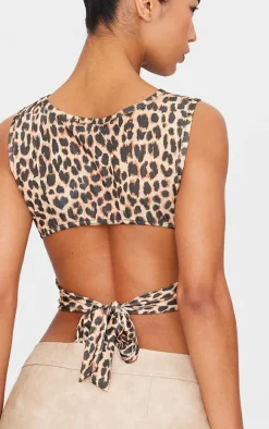 Brown Leopard Printed Slinky Open Back Tie Detail Long Top