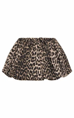 Brown Leopard Puffball Denim Mini Skirt