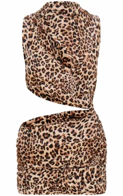 Brown Leopard Satin High Neck Cut Out Mini Dress