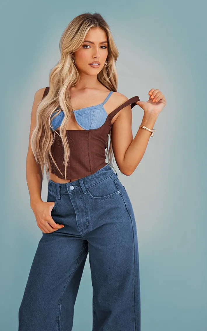 Brown Linen Color Block Cup Detail Boned Corset Top