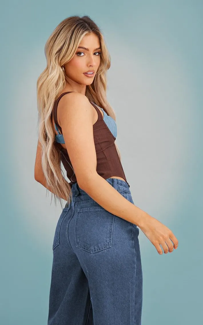 Brown Linen Color Block Cup Detail Boned Corset Top