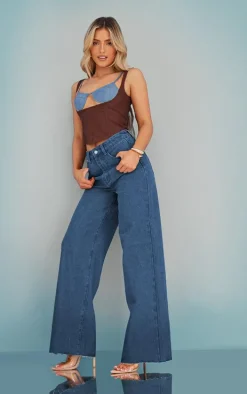 Brown Linen Color Block Cup Detail Boned Corset Top