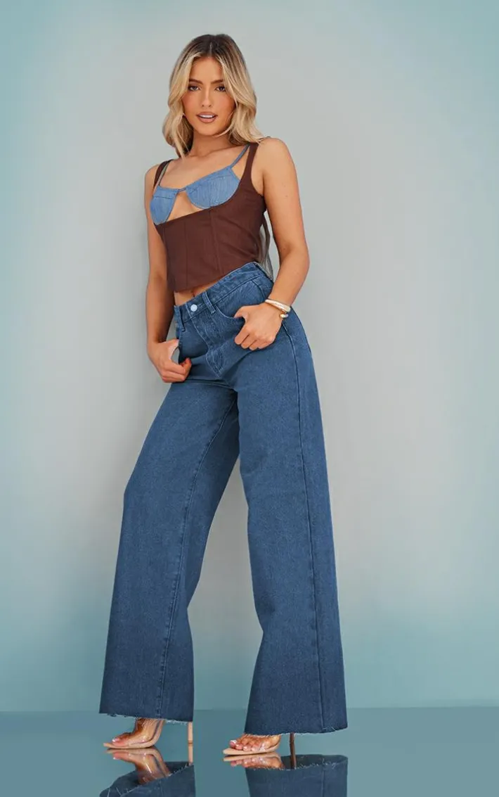 Brown Linen Color Block Cup Detail Boned Corset Top