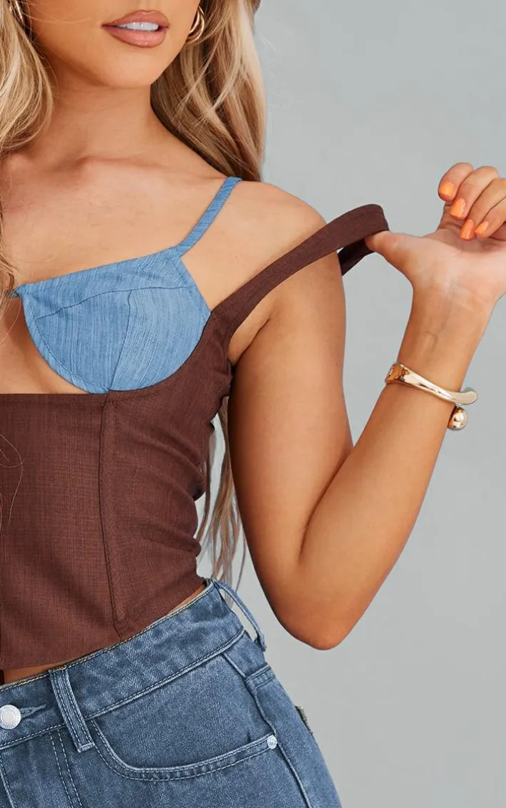 Brown Linen Color Block Cup Detail Boned Corset Top