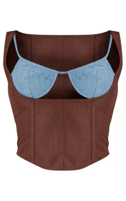 Brown Linen Color Block Cup Detail Boned Corset Top