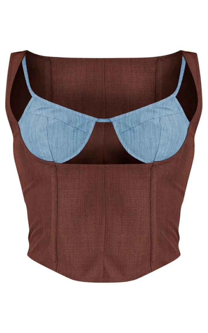 Brown Linen Color Block Cup Detail Boned Corset Top