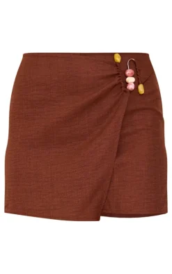 Brown Linen Look Bead Trim Wrap Front Skort