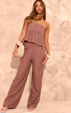 Brown Linen Look Mid Rise Wide Leg Pants
