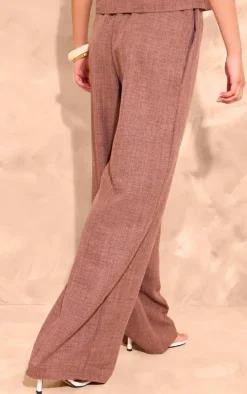 Brown Linen Look Mid Rise Wide Leg Pants