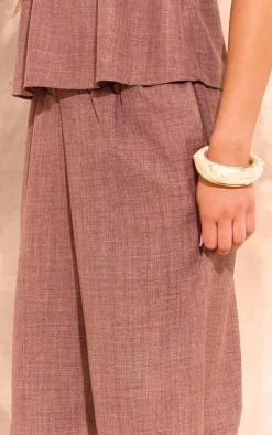 Brown Linen Look Mid Rise Wide Leg Pants