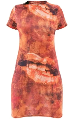 Brown Lips Print Slinky Cap Sleeve Bodycon Dress