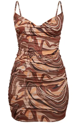 Brown Marble Print Strappy Ruched Bodycon Dress
