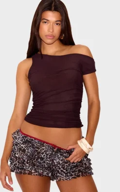 Brown Mesh Asymmetric Ruched Long Top