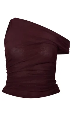 Brown Mesh Asymmetric Ruched Long Top