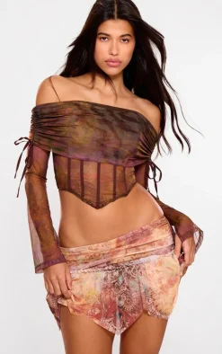 Brown Mesh Bardot Boning Corset