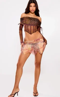 Brown Mesh Bardot Boning Corset
